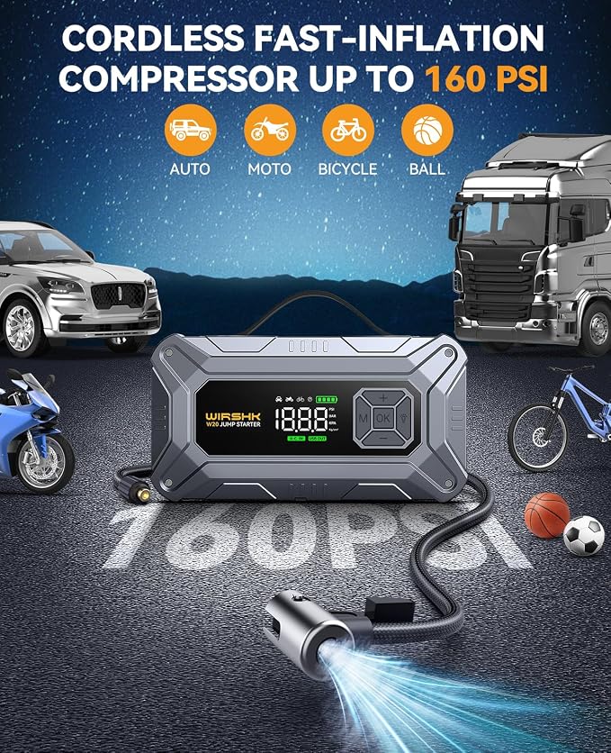 8000A Jump Starter with Air Compressor, 160PSI, 12V | 8000A battery booster and 160PSI tire inflator for roadside emergencies, road trips and camping