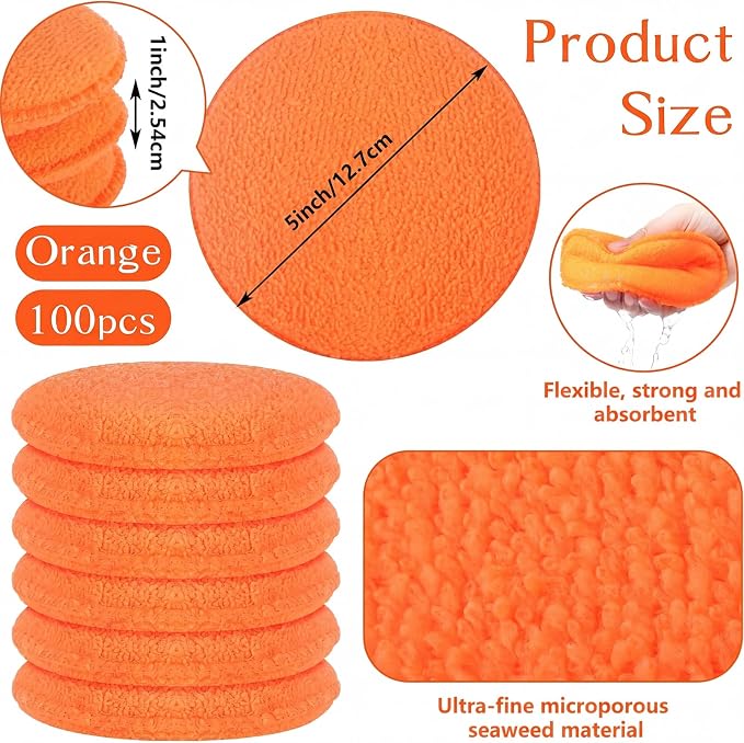 Tanlade 100 Pcs Car Detailing Microfiber Applicator Pad Wax Applicator Wash Microfiber Pads, 5 Inch Diameter (Orange)