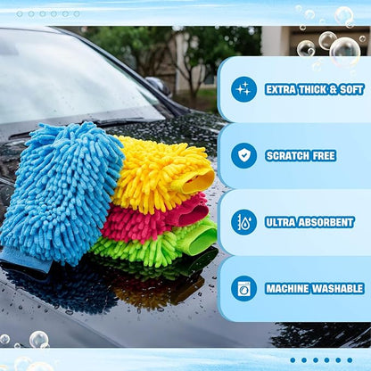 24 Pack Car Wash Mitt Bulk Microfiber, 10'' x 8'' Chenille Car Wash Mitt Gloves, Scratch Free Double Sided No Lint No Marks for Truck SUV and All Vehicle Surfaces (4 Colors)