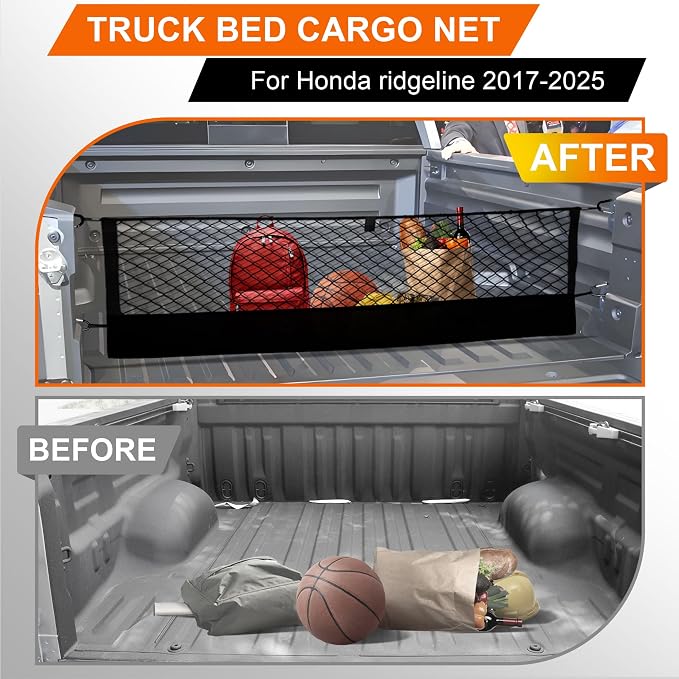 Envelope Style Truck Cargo Net for Honda Ridgeline 2017-2024 2025 Accessories, Heavy Duty Carabiners Highly Elastic Truck Bed Mesh Cargo Net