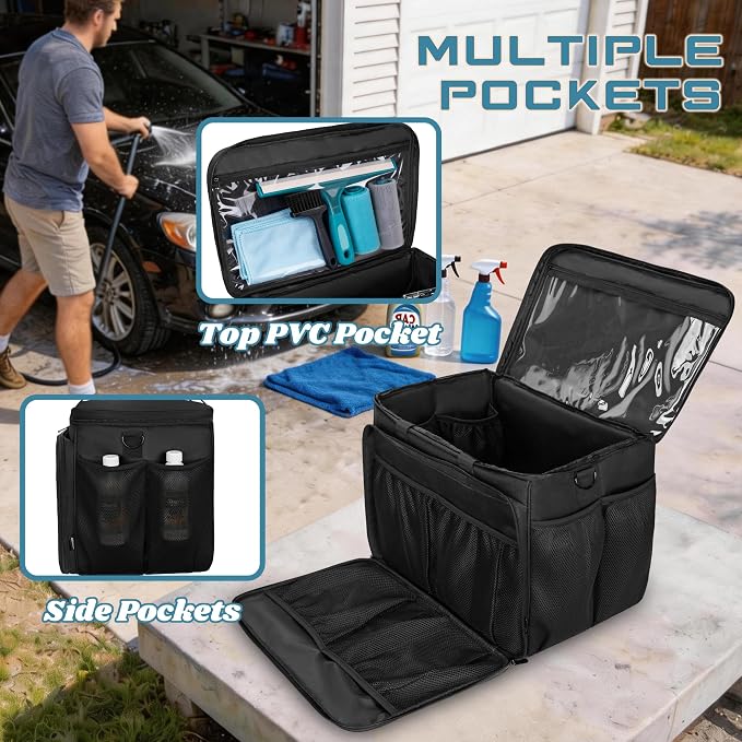 Large Car Detailing Organizer with Hard Pad Support, Car Detailing Bag with Multiple Pockets, Cleaning Bags for Housekeepers, Cleaning Supply Bag, Black
