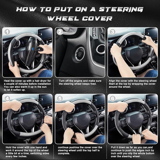 SEG Direct Car Steering Wheel Cover for Prius Civic Model 3 Model Y Camaro, Small Size 14-14.25 inch, Auto Interior Accessories, Black with Sliver Carbon Fiber Pattern