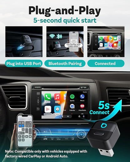 OTTOCAST Mini Pico Wireless CarPlay & Android Auto Adapter – WiFi 6 + Bluetooth 5.4, Plug & Play, Fast Auto-Reconnect, Ultra-Compact Design, Works with Factory Wired CarPlay Cars