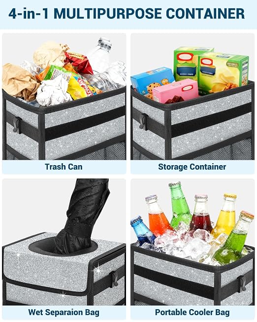 Capolo Car Trash Can with Lid, Leakproof Car Trash Bag Hanging Waterproof Automotive Garbage Can with Storage Pockets Mini Vehicle Trash Bin for Back/Front Seat(Silver Glitter,2.5 Gallon)