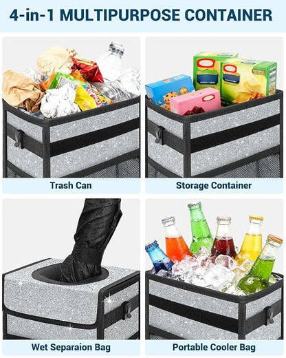 Capolo Car Trash Can with Lid, Leakproof Car Trash Bag Hanging Waterproof Automotive Garbage Can with Storage Pockets Mini Vehicle Trash Bin for Back/Front Seat(Silver Glitter,2.5 Gallon)