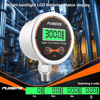 300 Psi Digital Water Pressure Gauge 1/4 NPT Lower Mount，Media Water, Air or Oil Pressure Gauge 304 Stainless ±0.25% Accuracy,Suitable for Home Water Pipe, HVAC,Air Pressure Measuring