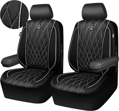 CAR PASS Piping Luxury Leather Two Front Car Seat Covers,Silver Glitter Waterproof Seat Cover Compatible with Front Seat Armrests,Universal Fit for Suvs,Vans,Trucks,Airbag Compatible(Black and Silver)