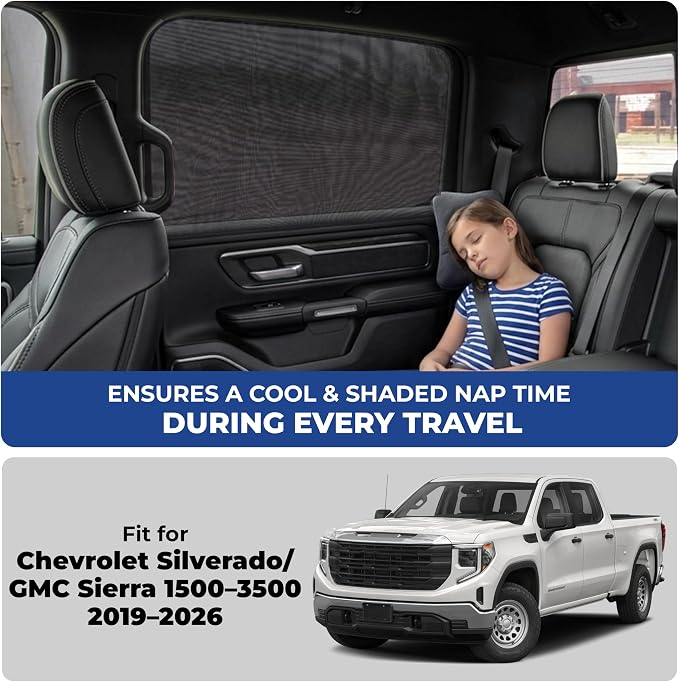 EcoNour Car Window Screen Chevy Silverado/GMC Sierra 1500–3500 2019–2026 Breathable Mesh Camping Window Covers | 100% Protection from Bugs, Mosquito & UV | Baby Safe Privacy Net | Car Accessories
