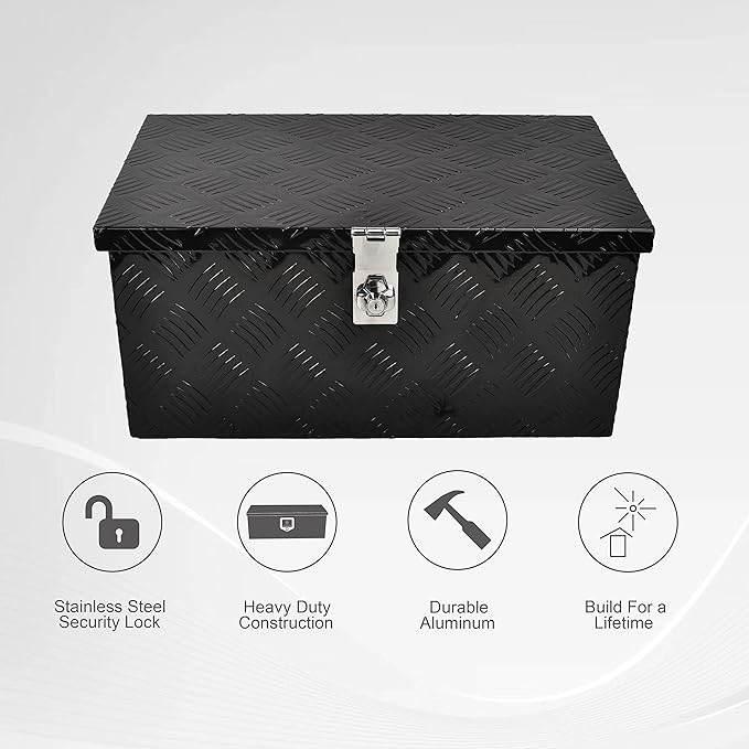 20 Inch Tool Box Flatbox Truck Car Outdoor Trailer Pickup Underbody Toolbox,RV Storage Organizer,Underbed Tools Organizer W/Lock & Keys, Black Aluminum 5 Bar Tread(20''X12''X9.5'')