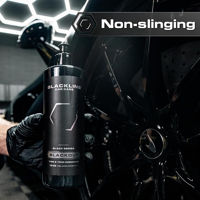 Blackline Car Care - Blackout Trim & Tire Dressing - Best Tire Shine No Sling Formula - Water Based Protection for Car Tires & Trim - Safe for Cars, Trucks, SUVs & More - 16 fl oz (Pack of 4)