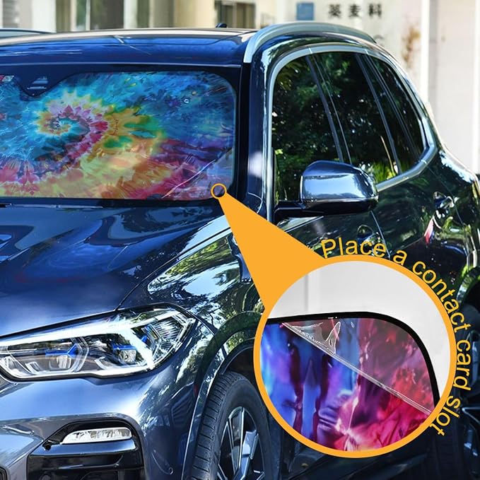 Rainbow Tie Dye Swirl Windshield Sunshade Car Sun Shade Blocks UV Rays Visor Protector Accordion Folding Sun Reflector Auto Sunshade for Truck SUV