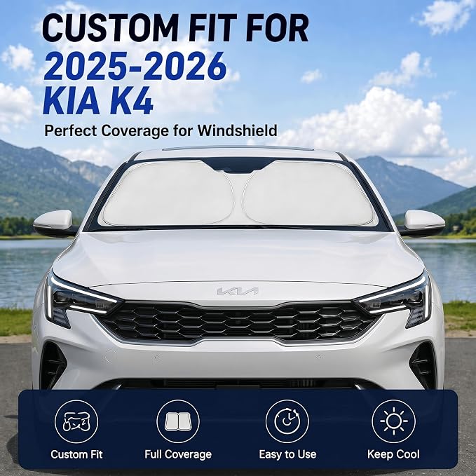 Custom Fit Windshield Sun Shade for Kia K4 2025-2026 | Custom Fit Windshield Cover, Blocks UV Rays, Double-Layer Heat Shield, Durable Frame, Easy Fold & Storage