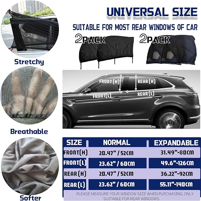 Car Window Screens for Side Windows, OUTTDID 4 Pack Side Window Sun Shades,Stretchy Mosquito Net Cover Fit Cars SUVs - Front & Rear