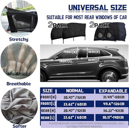Car Window Screens for Side Windows, OUTTDID 4 Pack Side Window Sun Shades,Stretchy Mosquito Net Cover Fit Cars SUVs - Front & Rear