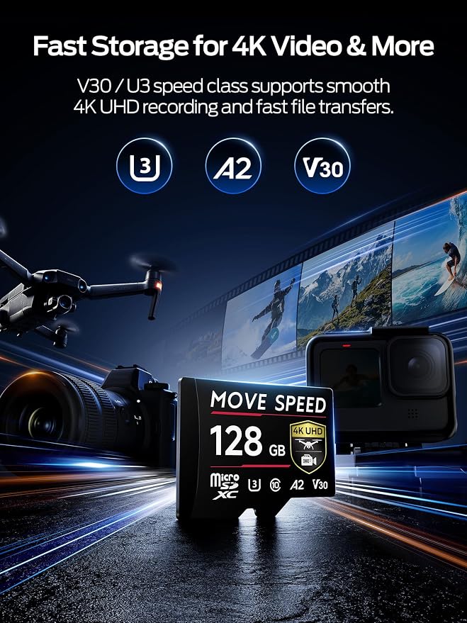 MOVE SPEED 128GB Professional microSDXC Memory Card, U3 V30 A2, Up to 170MB/s Read, 4K UHD Recording, High-Speed TF Card for Cameras, Drones, Dash Cams, Android & Handheld Gaming
