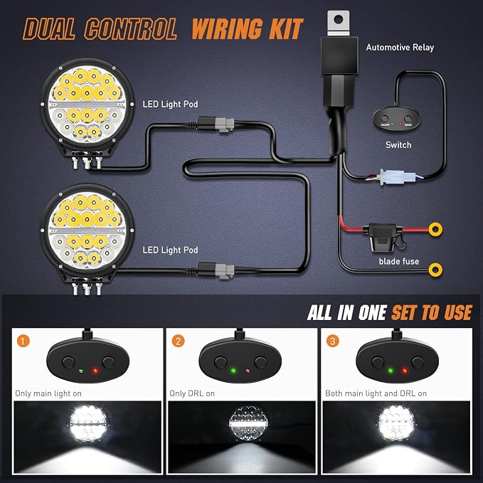 Nilight 7 Inch Round LED Offroad Driving Lights with DRL 2 PCS 90W 9850LM IP68 Spot Flood Combo Work Light w/ 12AWG DT Connector Wiring Harness Kit for 4x4 Truck ATV UTV SUV