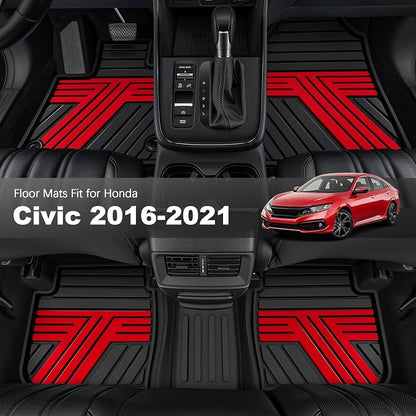 Floor Mats Fit for Honda Civic Sedan 2016-2021 & Hatchback 2017-2021 & Coupe 2016-2020, All Weather Custom Fit Anti-Slip Car Mats for Civic, 1st & 2nd Row, Black & Red