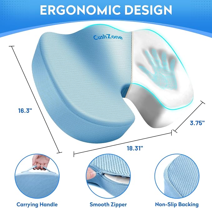 CushZone Seat Cushion, Office Chair Cushions, Car Seat Cushion, Non-Slip Sciatica & Back Coccyx Tailbone Pain Relief Chair Pad, Memory Foamr (Large,Light Blue)