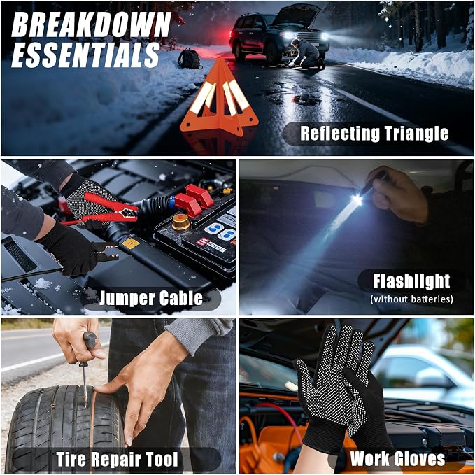 Roadside Emergency Car Kit Winter Road Trip Assistance Vehicle Safety Kit with Air Comperss, Detachable Snow Shovel, Jumper Cables, Tow Strap
