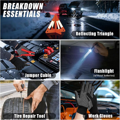 Roadside Emergency Car Kit Winter Road Trip Assistance Vehicle Safety Kit with Air Comperss, Detachable Snow Shovel, Jumper Cables, Tow Strap