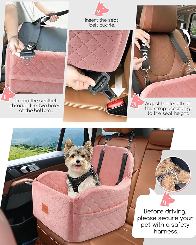 Lealchum Dog Booster Car Seat for Small/Medium Dogs,Soft Puppy Portable Car Seat with Elevated Cushion,Fits in Front/Back Seat,Fully Detachable and Washable,Easy to Install (Pink, Medium)