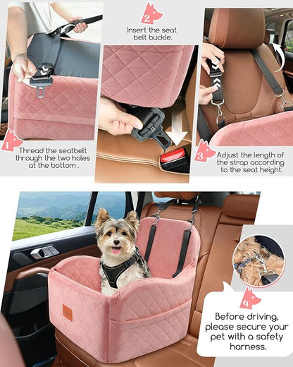 Lealchum Dog Booster Car Seat for Small/Medium Dogs,Soft Puppy Portable Car Seat with Elevated Cushion,Fits in Front/Back Seat,Fully Detachable and Washable,Easy to Install (Pink, Medium)