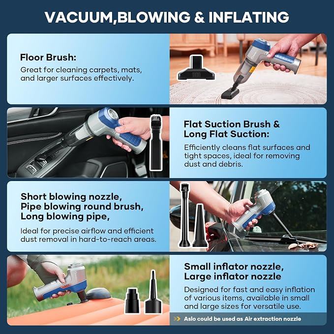 SakerPlus Mini Vacuum Cleaner, 3 in 1 Car Vacuum Cleaner High Power, 15000PA Powerful Suction, Air Duster, 7500mAh, Adjustable Small Vaccum Portable Cordless for Cars,Desktop,Home- Light Blue