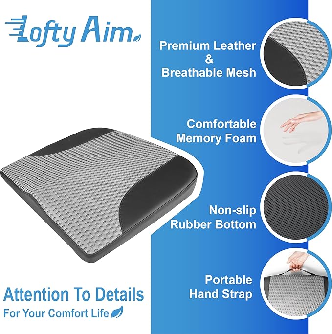 Lofty Aim Car Seat Cushion, Comfortable Memory Foam Seat Pillow for Driving, Sciatica-Back Pain Relief, Cushion for Car-Truck, Office, Wheelchair - Black&Gray
