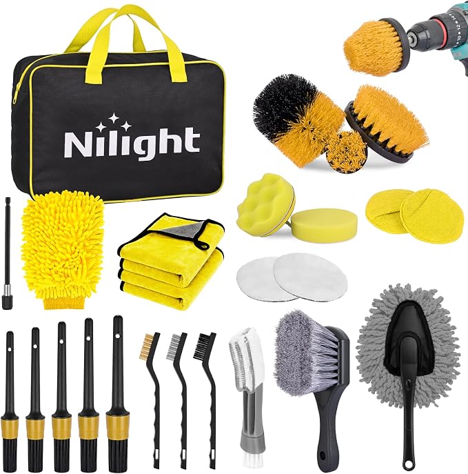 Nilight 27PCS Car Detailing Kit Auto Cleaning Tools Wash Set with Storage Carry Bag Home Use for Interior Exterior Deep Clean Polish Car Care Windshield Dashboard Seat Air Vents Wheels Tires, Yellow