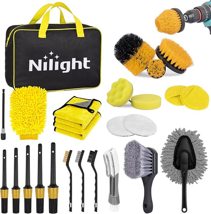 Nilight 27PCS Car Detailing Kit Auto Cleaning Tools Wash Set with Storage Carry Bag Home Use for Interior Exterior Deep Clean Polish Car Care Windshield Dashboard Seat Air Vents Wheels Tires, Yellow