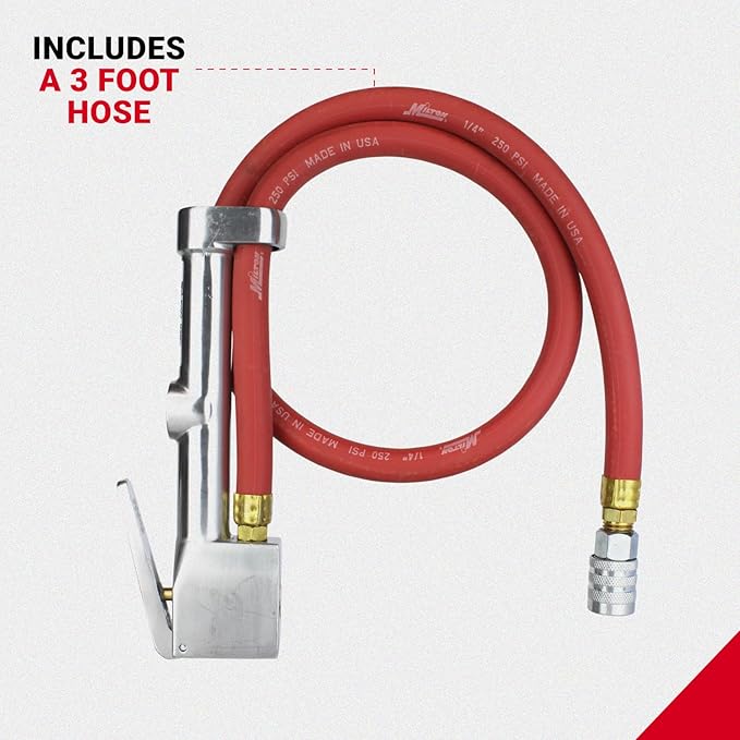 Milton 502 Heavy-Duty Analog Tire Inflator with Pressure Gauge, 3' Hose Kwik Grip Safety Inflator Gage, Made in USA (OSHA Compliant) 10-160 PSI