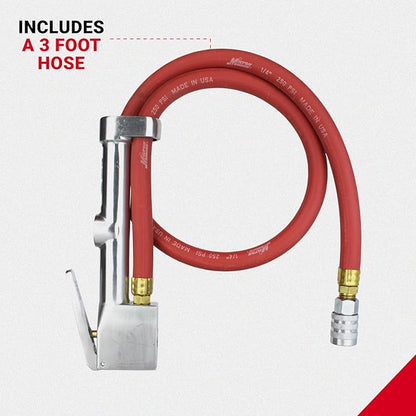 Milton 502 Heavy-Duty Analog Tire Inflator with Pressure Gauge, 3' Hose Kwik Grip Safety Inflator Gage, Made in USA (OSHA Compliant) 10-160 PSI