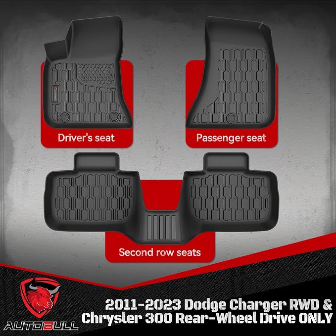 Floor Mats Compatible with 2011-2023 Dodge Charger RWD & Chrysler 300 Rear-Wheel Drive ONLY, All Weather TPE Floor Liners, Custom Fit Car mats, 1st & 2nd Row, Black