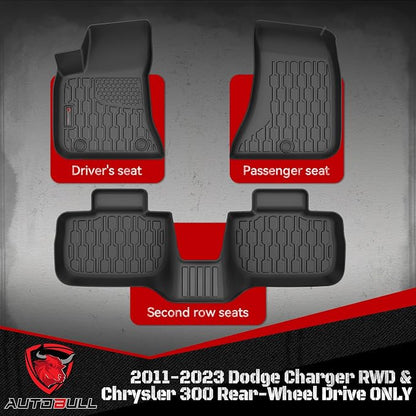 Floor Mats Compatible with 2011-2023 Dodge Charger RWD & Chrysler 300 Rear-Wheel Drive ONLY, All Weather TPE Floor Liners, Custom Fit Car mats, 1st & 2nd Row, Black