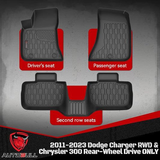 Floor Mats Compatible with 2011-2023 Dodge Charger RWD & Chrysler 300 Rear-Wheel Drive ONLY, All Weather TPE Floor Liners, Custom Fit Car mats, 1st & 2nd Row, Black