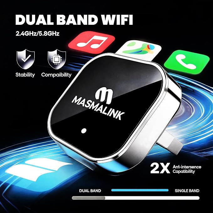2026 Upgraded Wireless CarPlay Adapter for iPhone and Android Auto | Dual Band Connection (2.4Ghz - 5.8Ghz), Wired to Wireless Converter - Plug and Play Setup, Mini Size Having USB A/C Cable