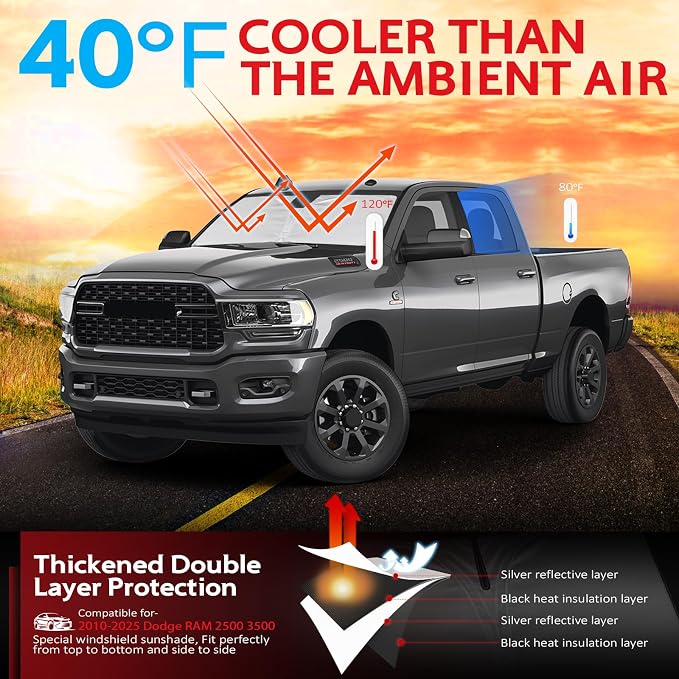 KAYZT Windshield Sun Shade for 2010-2025 2026 Dodge RAM 2500 3500 Foldable Sunshade Front Window Custom Fit Car Accessories