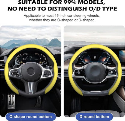 Frani Nappa Leather Steering Wheel Cover,Universal Fit 15 Inch-Premium Non-Slip Breathable Comfort Grip for Cars Trucks SUVs,Anti-Slip Durable Interior Upgrade Lemon Yellow