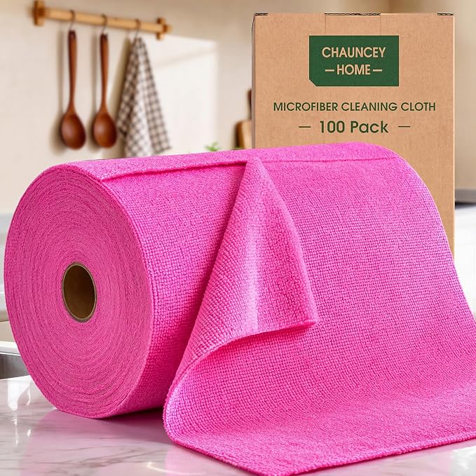 Microfiber Cleaning Cloth Roll - 100 Pack Tear Away Microfiber Paper Towels, Reusable, Washable, Scratch-Free, Kitchen Towels for Car, Home, Kitchen, Glass, Dishes (Hot Pink)