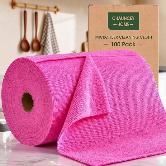 Microfiber Cleaning Cloth Roll - 100 Pack Tear Away Microfiber Paper Towels, Reusable, Washable, Scratch-Free, Kitchen Towels for Car, Home, Kitchen, Glass, Dishes (Hot Pink)