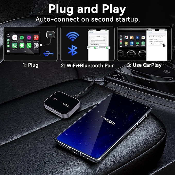 Wireless CarPlay Adapter for iPhone & Android, Convert Wired to Wireless CarPlay Dongle, Plug & Play USB-C, Auto Connect, 5GHz WiFi, Compatible with iOS 10+ & Android 11+ Cars（Black）