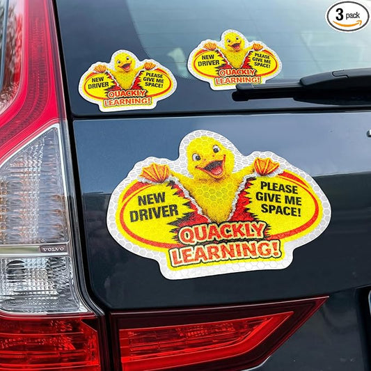 3 Pcs Reflective Student Driver Magnet and Stickers Set - Funny Animal New Driver Safety Signs for Car, Waterproof & Weatherproof High Visibility Vehicle Bumper Decals, Magnet + Stickers (Duck)