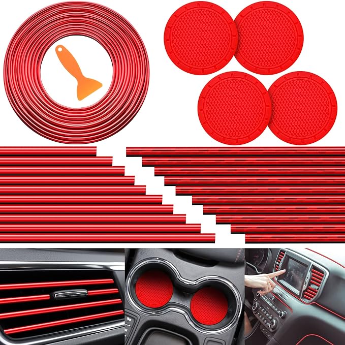 Frienda 25 Pack Universal Car Vent Trim Strips and Cup Mats Set 20 Pcs 16 Feet Air Conditioner Outlet Decor with Installation Tool 4 Pcs Non Slip Cup Holders Mats DIY Trim Accessories(Red)