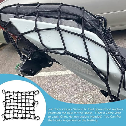 2 Pack 15"X15" Motorcycle Cargo Net Stretches to 30"x30", 2"x2" Tight Mesh,Total 20 Hooks, Cargo Nets for Motorcycle Luggage Bike Basket, Luggage Rack ATV Rack Snowmobile Cargo Helmet Net