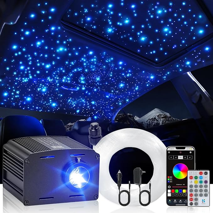 Car Starlight Headliner Kit, Twinkle & Sound Activated RGBW 16W 600pcs*0.02in*9.8ft Fiber Optic Starlight Kit with APP& Remote Controlled, Star Lights for Ceiling Car Roof/Home Decor