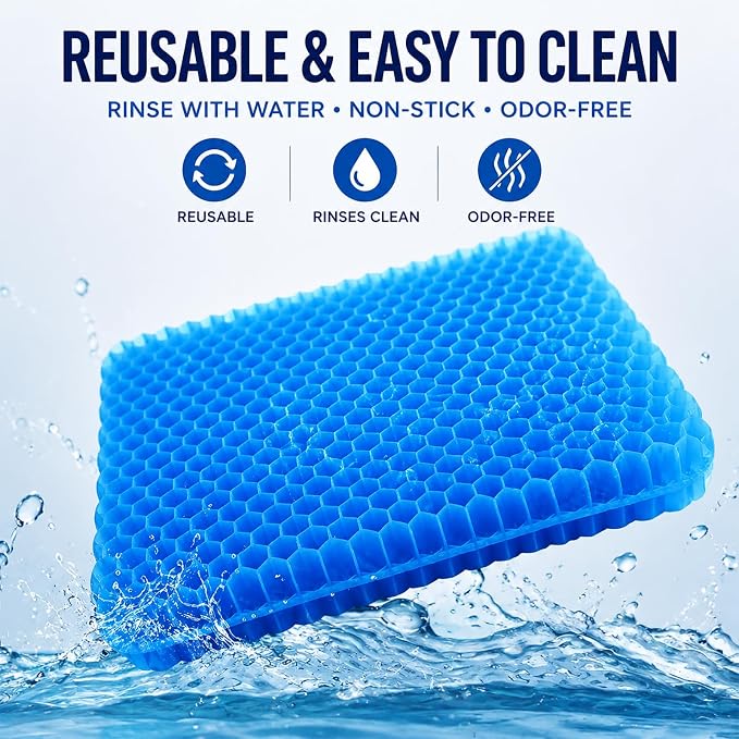 Gel Seat Cushion for Long Sitting – Double-Layer Honeycomb Cooling Chair Pad, Thick Supportive Gel Cushion with Breathable Non-Slip Cover for Office Chair, Car, Wheelchair & Long Sitting（Blue）