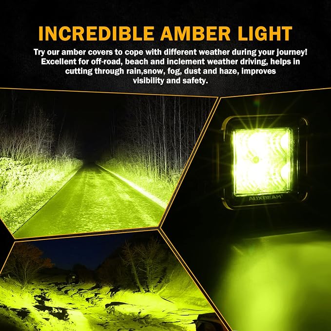 Auxbeam FA Series Amber Light Covers, 3 Inch Square LED Pods Cover, Amber Fog Filter, Yellow Tint Color Lens, Cube Offroad Light Lens Cap, Snap-on Design, 2 Packs