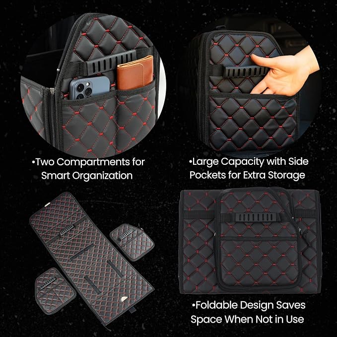 Leather Trunk Organizer with Lid for Suv and more, Foldable Car Organizer, Car Organizers and Storage with Pockets, Non-Slip Design (Red-Black)