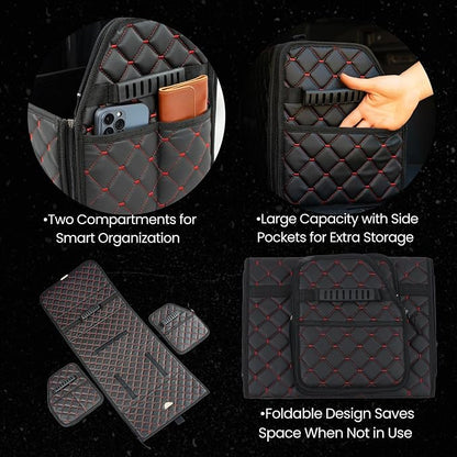 Leather Trunk Organizer with Lid for Suv and more, Foldable Car Organizer, Car Organizers and Storage with Pockets, Non-Slip Design (Red-Black)