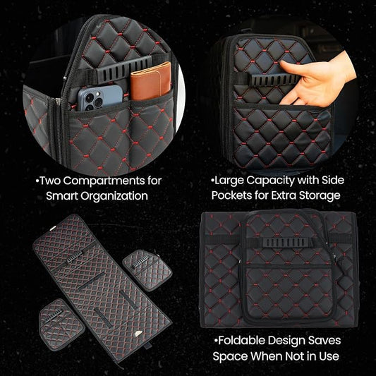 Leather Trunk Organizer with Lid for Suv and more, Foldable Car Organizer, Car Organizers and Storage with Pockets, Non-Slip Design (Red-Black)